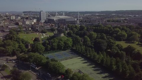 Wales, Cardiff, UK - June 22, 2018: Cardiff castle aerial view