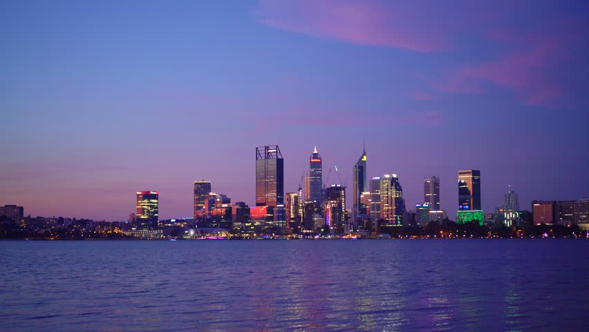 The Perth City skyline during a beautiful sunset. Perth, Western Australia, Australia. Photographed: October 2018.