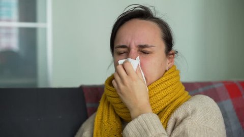 Woman Having Flu Cold and Drinking Tea