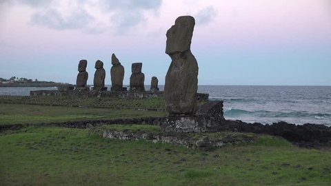Easter Island. Statues on the shore of the Pacific Ocean.