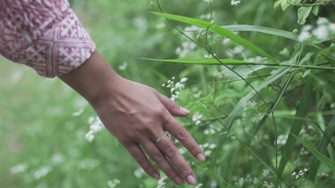 Girl hand moving over grass field with white green flowers. slow motion magical soft light. Touching nature background, close up passing hand with ring. Feeling free and happy, optimistic nature shot.
