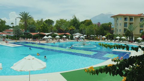 Kemer, Turkey, June 2018: Well-groomed territory with a swimming pool in a Turkish hotel. Everything for a comfortable rest on the all-inclusive system