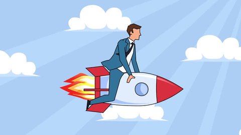 Flat cartoon businessman character  fly on rocket startup concept animation