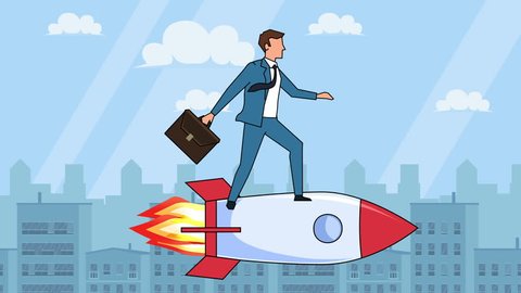 Flat cartoon businessman character with case bag  fly on rocket startup concept animation