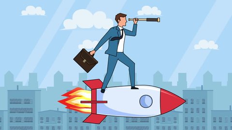 Flat cartoon businessman character with case bag and looks through spyglass fly on rocket startup concept animation