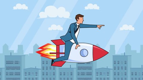 Flat cartoon businessman character  fly on rocket startup concept animation