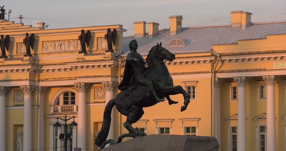 4K video of 250 years old "Copper Raider" Peter The Great czar monument at Saint Petersburg city center near Saint Isaac