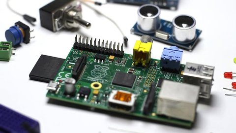 BUENOS AIRES - 28th October 2018: Raspberry Pi board with electronic components and sensors. The Raspberry Pi, or Raspi, is usually used in DIY projects