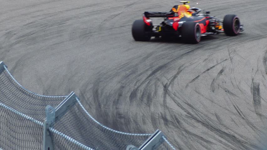 Formula one racecar speeding along the racetrack, Sochi 2018. Stock video footage