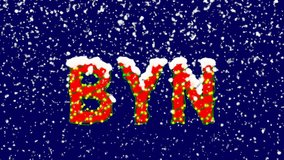 New Year text ISO code currency BYN. Snow falls. Christmas mood, looped video. Alpha channel Premultiplied 