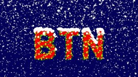 New Year text ISO code currency BTN. Snow falls. Christmas mood, looped video. Alpha channel Premultiplied 