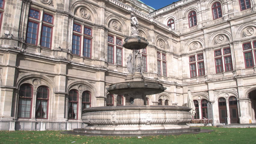 Architecture of the Viennese fountains of the State Opera building. Steadycam shot