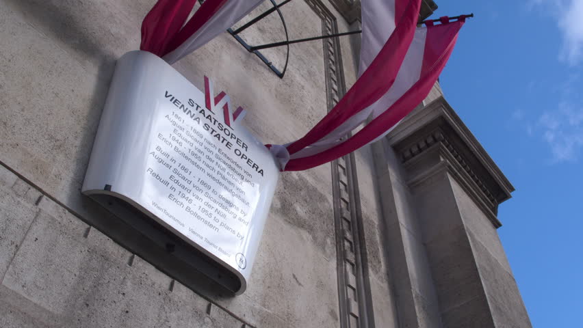 Signboard on the building of the Vienna State Opera. Panaramic shot .