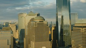 Aerial view of tall buildings and famous skyscrapers in downtown district, New York City, soft day lighting. Medium shot on 4k RED camera.