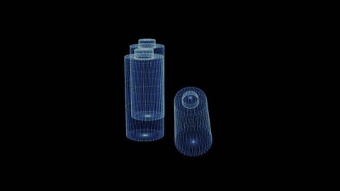 Hologram of rotating rechargeable batteries. 3D animation of electric power elements on black background with seamless loop