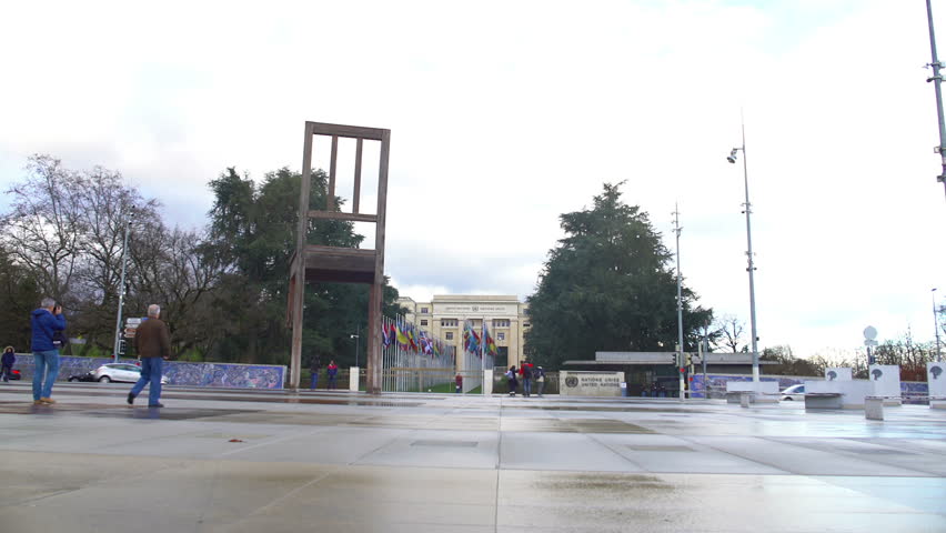Broken Chair monument in front of Palace of Nations in Geneva, Switzerland