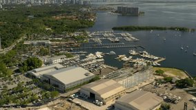 Aerials of Miami marina bay and Downtown