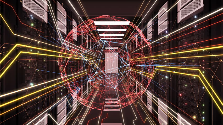 Abstract Global Network Connections Sphere Flowing Among Links in Futuristic Data Center Room Server Racks. Loopable 3d Animation. Global Digital Technology and Business Concept. 4k UHD 3840x2160. | Shutterstock HD Video #1018624750