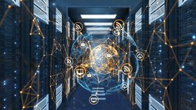 Beautiful Network Icons Connected in Abstract Sphere Flying Through Modern Data Center Room Server Racks. Seamless 3d Animation. Future Digital Technology and Business Concept. 4k Ultra HD 3840x2160 - Powered by Shutterstock - Get 15% off with code: PIKWIZARD15