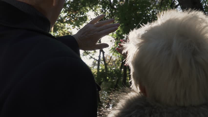 Old couple cover the sun with their hands