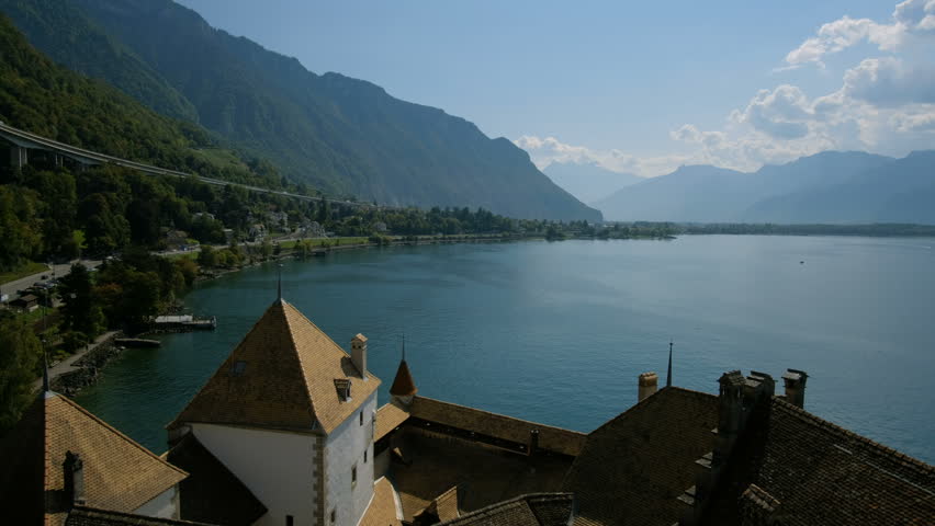 Overlooking the beautiful blue Lake Geneva from the town castle at Veytaux in Switzerland.