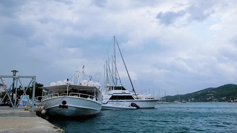 Skiathos Town, Skiathos / Greece - 07 09 2018: Boats floating in harbour