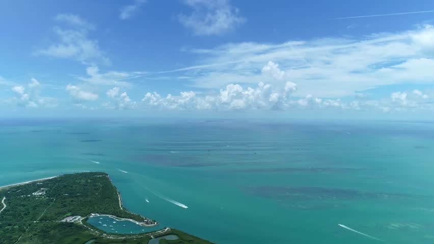 Drone shot revealing and flyover of Key Biscayne, Miami, Florida.