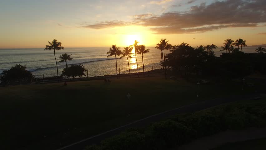 A Waikiki sunset on the island of Oahu in Hawaii. Aerial shot with palm trees and iconic Hawaiian sunset.