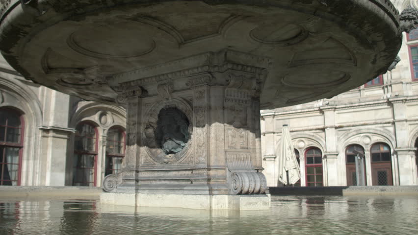 Vienna spring. Water reflections on the fountains of the Vienna State Opera. Dolly shot.
