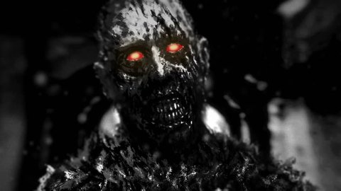 Black zombie with glowing red eyes walking in hallway of abandoned house. Video in genre of horror. Scary monster character animation.