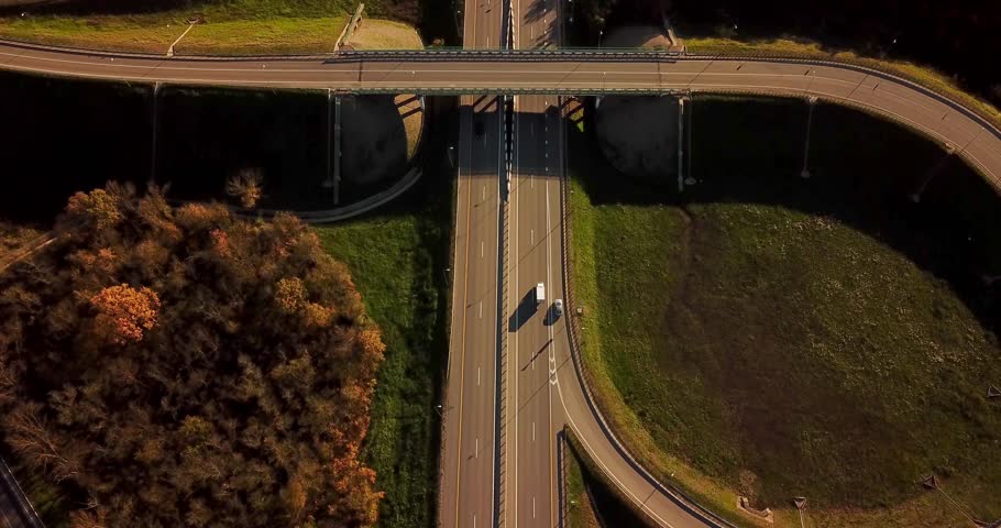 Aerial top down view: rural areas of the highway, the intersection, drone shoot.