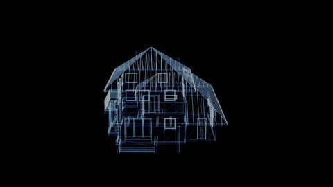 Hologram of a rotating house. 3D animation of a villa on a black background with a seamless loop
