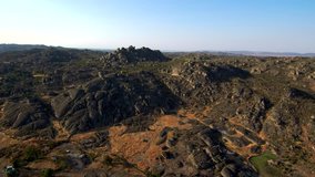 Aerial view by Drone in the  Route of the dolmens in  Valencia Alcantara, Caceres. Extremadura, Spain.