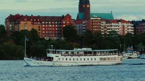 Stockholm, Sweden - 05 06 2017: STOCKHOLM - MAY 6, 2017: A Swedish ferry cruises around Lake Malaren on a spring day.