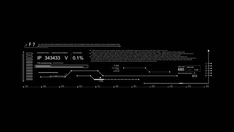 HUD elements in and out within 5 sec.Technological futuristic Sci Fi display with code text.Black and white to use for Alpha channel as template for your video.