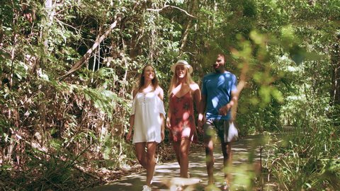 Three young and happy friends walking on Australian rain forest path through shaded green dense tree bed during daytime. Medium to long shot on 4k RED camera.