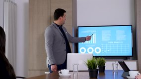 Close up of businessman presenting data on big screen TV in the meeting room. Dolly slider 4K footage - Powered by Shutterstock - Get 15% off with code: PIKWIZARD15