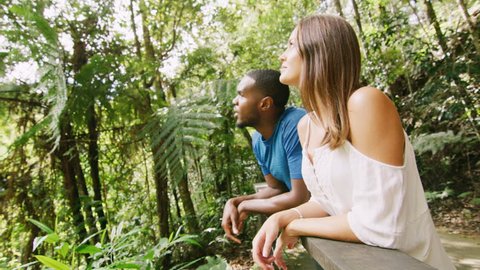 Relaxed, diverse couple walk in a forest and stop to look at the view, in Australia in natural sunlight. Medium shot on 4K RED camera.