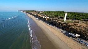 Aerial view in beach of Matalascañas, Huelva. Andalusia, Spain. 4K Drone Video