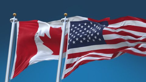 4k Seamless United States of America And Canada Flags with blue sky background,A fully digital rendering,The flag 3D animation loops at 20 seconds,USA CAN CA. cg_06599_4k