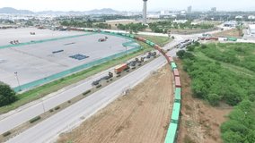 Aerial top view Footage clip of  High angle view top view train with container