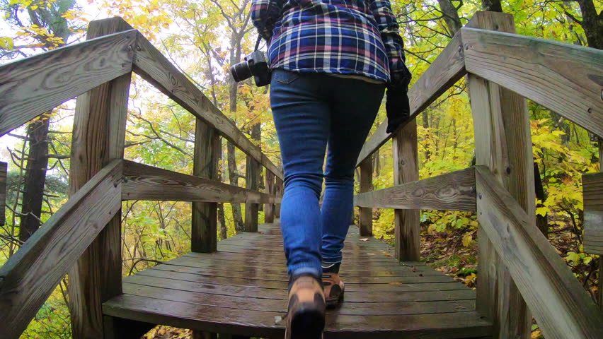 woman walking across wood bridge on hiking path in Porcupine mountains state park in Autumn