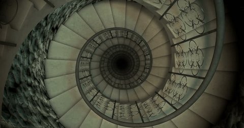 Endless old spiral staircase. Looped video. Camera moving down. 3D render