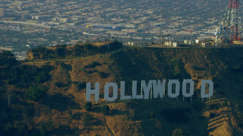 Los Angeles, California CIRCA 2018. Aerial view of the Hollywood sign, Los Angeles California with bright day lighting. Shot on 4k RED camera.