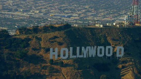 Los Angeles, California CIRCA 2018. Aerial view of the Hollywood sign, Los Angeles California with bright day lighting. Shot on 4k RED camera.