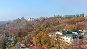 Aerial video. Autumn trees on the hill. Buildings among the trees. Sea shore