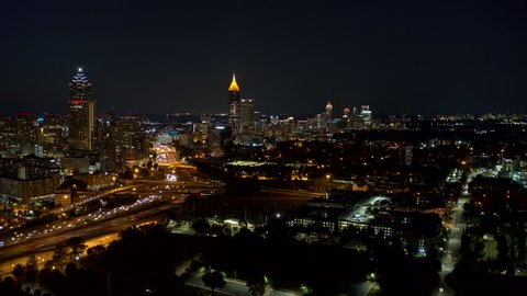 Atlanta Aerial Cityscape hyperlapse crossing high to low with freeway traffic views 9/18