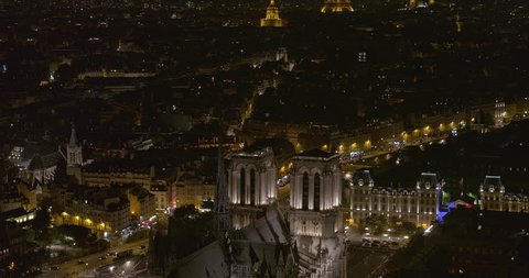 France Paris Aerial  Birdseye to panning detail of Notre Dame Cathedral and square 8/18