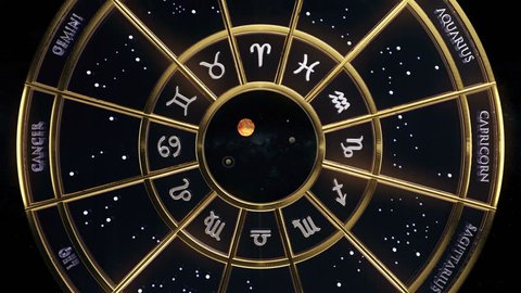 Zodiac signs. The planets and the sun orbiting around the earth in the middle of the zodiac wheel.