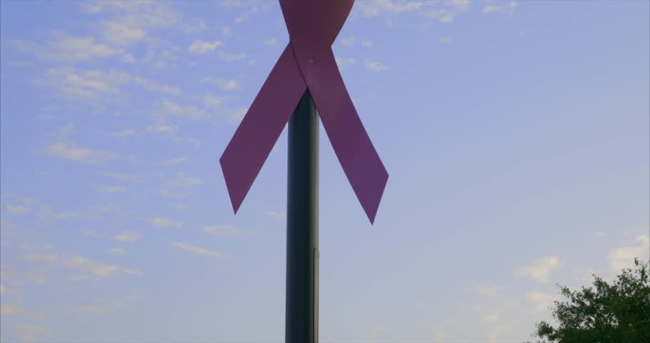 4K Shot of the breast cancer simbol mounted on a post with a beautiful blue sky in the background